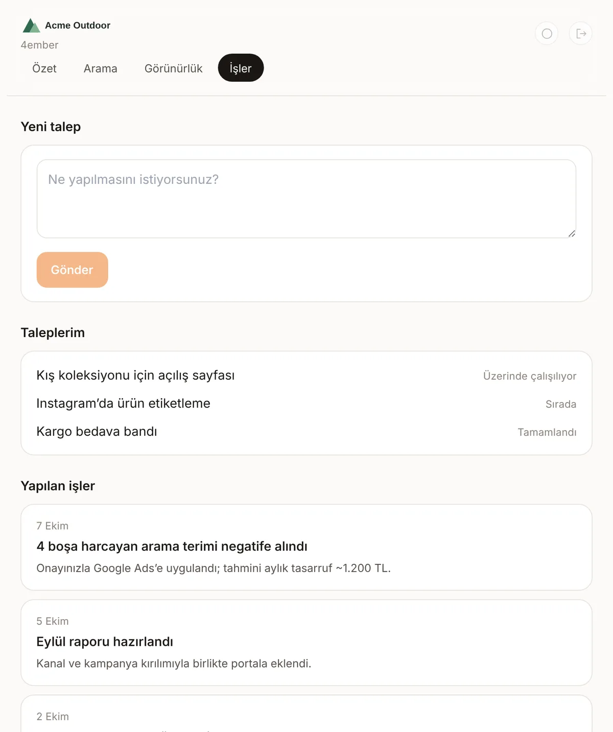 Client portal requests and completed work